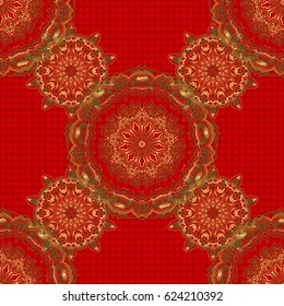 Seamless golden vintage pattern on red background. Vector old moroccan, arabian and turkish ornaments.