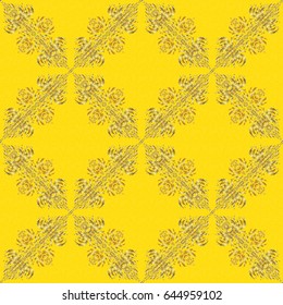 Seamless golden vintage pattern on yellow background. Vector old moroccan, arabian and turkish ornaments.