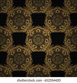 Seamless golden vintage pattern on black background. Vector old moroccan, arabian and turkish ornaments.