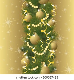 Seamless golden winter pattern with xmas balls, vector illustration