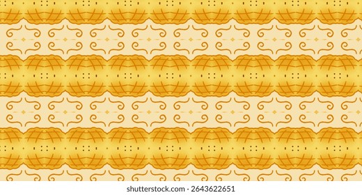 Seamless golden-yellow melon-inspired pattern with swirl and dot elements, perfect for textile or wallpaper design. Rich, symmetrical, and warm.