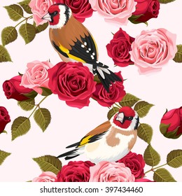 Seamless goldfinch and roses