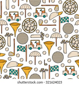 Seamless golf equipment background with hand drawn objects: ball, hat, types, car, flag, umbrella.Outdoors activity concept