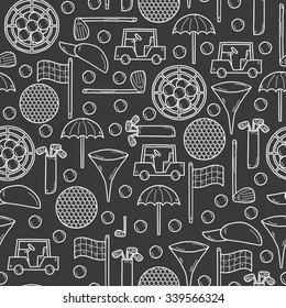 Seamless golf equipment background with hand drawn objects: ball, hat, types, car, flag, umbrella.Outdoors activity concept