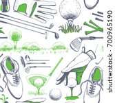 Seamless golf pattern with basket, shoes, car, putter, ball, gloves, flag, bag. Vector set of hand-drawn sports equipment. Illustration in sketch style on white background.