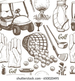 Seamless Golf Pattern With Basket, Shoes, Car, Putter, Ball, Gloves, Bag. Vector Set Of Hand-drawn Sports Equipment. Illustration In Sketch Style On White Background.