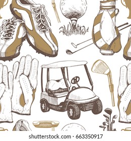 Seamless golf pattern with basket, shoes, car, putter, ball, gloves, bag. Vector set of hand-drawn sports equipment. Illustration in sketch style on white background.