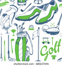 Seamless golf pattern with basket, shoes, car, putter, ball, gloves, flag, bag. Vector set of hand-drawn sports equipment. Illustration in sketch style on white background.