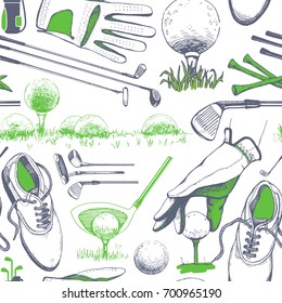 Seamless golf pattern with basket, shoes, car, putter, ball, gloves, flag, bag. Vector set of hand-drawn sports equipment. Illustration in sketch style on white background.