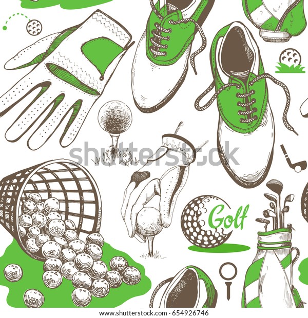 Seamless golf pattern with\
basket, shoes, car, putter, ball, gloves, bag. Vector set of\
hand-drawn sports equipment. Illustration in sketch style on white\
background.