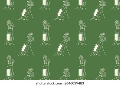 Seamless golf pattern with hand-drawn golf bags and clubs on green background. Perfect for sports-themed textiles, packaging, wallpapers or wrapping paper.