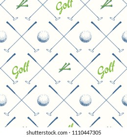 Seamless Golf Pattern With Putter. Vector Set Of Hand-drawn Sports Equipment. Illustration In Sketch Style On White Background.