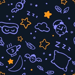 Seamless Good Night Pattern With Stars, Moon, Clouds, Fethers And Clocks. Nap Time Hand Drawn Doodle Illustration In Trendy Flat Style For Wrapping Or Textile Print On Dark Background.