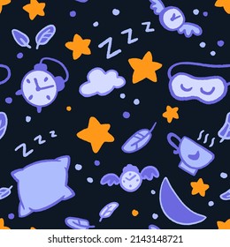 Seamless good night pattern with stars, moon, clouds, fethers and clocks. Nap time hand drawn doodle illustration in trendy flat style for wrapping or textile print on dark background.