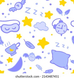 Patrón nocturno incomparable con estrellas, luna, nubes, plumas y relojes. Ilustración de doodle dibujada a mano en el tiempo de Nap en estilo plano de moda para envolver o imprimir textil sobre fondo blanco.