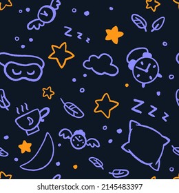 Seamless good night pattern with stars, moon, clouds, fethers and clocks. Nap time hand drawn doodle illustration in trendy flat style for wrapping or textile print on dark background.