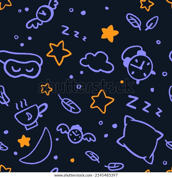 Seamless\
good night pattern with stars, moon, clouds, fethers and clocks.\
Nap time hand drawn doodle illustration in trendy flat style for\
wrapping or textile print on dark\
background.