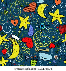 Seamless goodnight pattern with stars, moon. hearts, snowflakes and flowers.