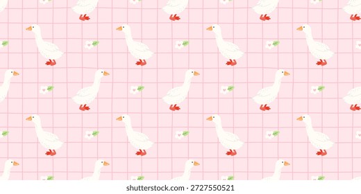 Patrón de ganso sin fisuras sobre fondo de rayas rosadas pastel con margaritas para tela de vivero, ropa de cama para niños, Fondo de pantalla, envoltura de regalo y decoración de primavera suave.