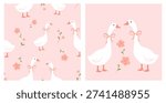 Seamless goose pattern with white geese, pink bows and floral illustration on pastel background.