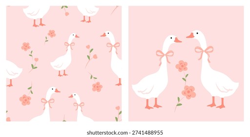 Seamless goose pattern with white geese, pink bows and floral illustration on pastel background.
