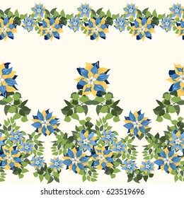 Seamless gorgeous border in cute flowers of clematis. Floral exotic background for textile, wallpaper, pattern fills, covers, surface, print, gift wrap, scrapbooking, decoupage. Trendy colors