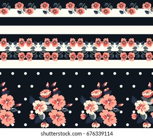 Seamless gorgeous border in small-scale cute flowers of petunias. Millefleurs. Floral background for textile, wallpaper, pattern fills, covers, surface, print, gift wrap, scrapbooking, decoupage.