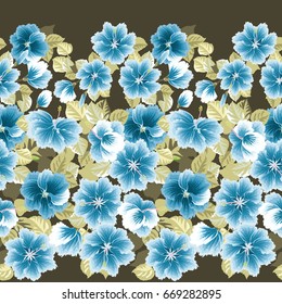 Seamless gorgeous border in tropical flowers of hibiscus. Floral exotic background for textile, wallpaper, pattern fills, covers, surface, print, gift wrap, scrapbooking, decoupage. Satin print.
