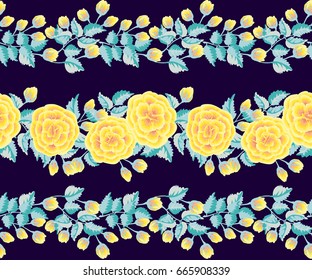 Seamless gorgeous bright border in garden flowers of yellow roses. Millefleur. Floral background for textile, wallpaper, pattern fills, covers, surface, print, gift wrap, scrapbooking, decoupage.