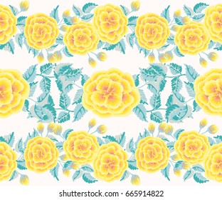 Seamless gorgeous bright border in garden flowers of yellow roses. Millefleur. Floral background for textile, wallpaper, pattern fills, covers, surface, print, gift wrap, scrapbooking, decoupage.