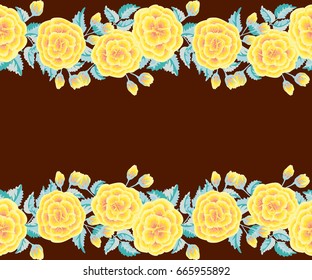 Seamless gorgeous bright border in garden flowers of yellow roses. Millefleur. Floral background for textile, wallpaper, pattern fills, covers, surface, print, gift wrap, scrapbooking, decoupage.