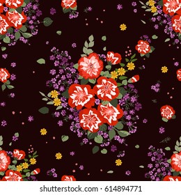 Seamless gorgeous bright pattern in close-up garden flowers. Millefleur. Floral background for textile, wallpaper, covers, surface, print, gift wrap, scrapbooking, decoupage. Trendy fashion colors.
