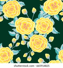 Seamless gorgeous bright pattern in garden flowers of yellow roses. Millefleur. Floral background for textile, wallpaper, pattern fills, covers, surface, print, gift wrap, scrapbooking, decoupage.