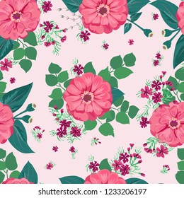 Seamless gorgeous bright pattern in small garden flowers. Millefleur. Floral background for textile, wallpaper, pattern fills, covers, surface, print, gift wrap, scrapbooking, decoupage.