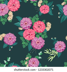 Seamless gorgeous bright pattern in small garden flowers. Millefleur. Floral background for textile, wallpaper, pattern fills, covers, surface, print, gift wrap, scrapbooking, decoupage.