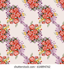 Seamless gorgeous bright pattern in small garden red flowers. Millefleur. Floral background for textile, wallpaper,  covers, surface, print, gift wrap, decoupage. Diagonal order. Trendy colors.