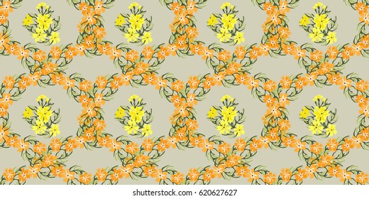 Seamless gorgeous bright pattern in small wildflowers and wreaths. Millefleur. Floral background for textile, wallpaper, pattern fills, covers, surface, print, gift wrap, scrapbooking, decoupage.