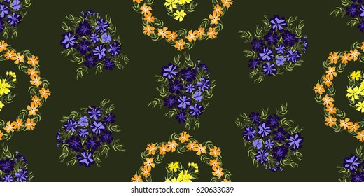 Seamless gorgeous bright pattern in small wildflowers and wreaths. Millefleur. Floral background for textile, wallpaper, pattern fills, covers, surface, print, gift wrap, scrapbooking, decoupage.