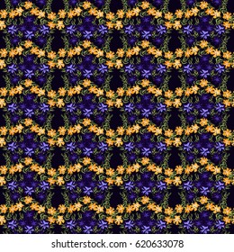 Seamless gorgeous bright pattern in small yellow and blue wildflowers. Millefleur. Floral background for textile, wallpaper, pattern fills, covers, surface, print, gift wrap, scrapbooking, decoupage.