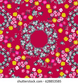 Seamless gorgeous bright pattern in small flowers, wreaths. Millefleur. Floral background for textile, wallpaper, pattern fills, covers, surface, print, gift wrap, scrapbooking, decoupage. Trendy pink