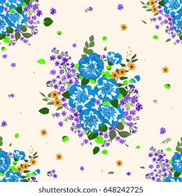 Seamless gorgeous bright pattern in small garden flowers. Millefleur. Floral background for textile, wallpaper, pattern fills, covers, surface, print, gift wrap, scrapbooking, decoupage.