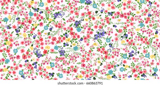 Seamless gorgeous bright pattern in small garden flowers. Millefleur. Floral background for textile, wallpaper, pattern fills, covers, surface, print, gift wrap, scrapbooking, decoupage.