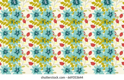 Seamless gorgeous bright pattern in small folk flowers. Liberty style millefleur. Floral background for textile, wallpaper, pattern fills, covers, surface, print, gift wrap, scrapbooking, decoupage.