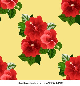 Seamless gorgeous bright pattern in tropical flowers of red hibiscus. Floral exotic yellow background for textile, wallpaper, pattern fills, covers, surface, print, gift wrap, scrapbooking, decoupage.