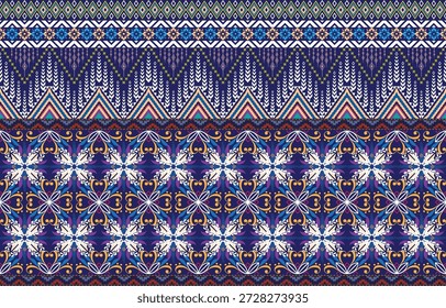 Hermoso manojo sin costuras con diseño textil digital con flor botánica Hojas verdes Adorno de oro Borde geométrico 