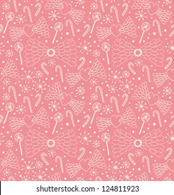 Seamless gorgeous love pattern. Ornate background with hearts, angel wings, lollipops, sugarplums and snowflakes. Endless doddle backdrop