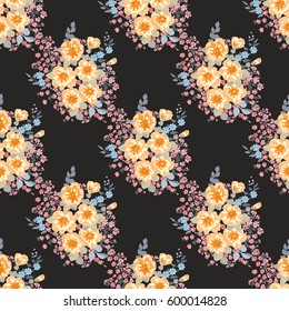 Seamless gorgeous pattern in cute flowers of petunias.  Summer floral black background for textile, wallpaper, pattern fills, covers, surface, print, gift wrap, scrapbooking, decoupage.