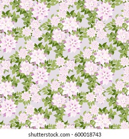 Seamless gorgeous pattern in cute flowers of white clematis. Floral exotic linen background for textile, wallpaper, pattern fills, covers, surface, print, gift wrap, scrapbooking, decoupage.
