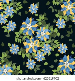 Seamless gorgeous pattern in cute flowers of clematis. Floral exotic background for textile, wallpaper, pattern fills, covers, surface, print, gift wrap, scrapbooking, decoupage. Trendy colors