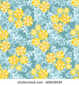 Seamless gorgeous pattern in cute yellow flowers of clematis. Floral exotic aqua background for textile, wallpaper, pattern fills, covers, surface, print, gift wrap, scrapbooking, decoupage.